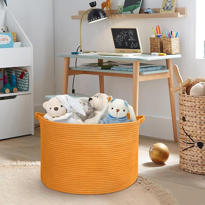 MEGASKET Extra Large Orange Basket, 22" X 22" X 14" Woven Cotton Rope Bins for Blankets, Baby Nursery Wicker Laundry Towel Basket, Kids Dog Toy Storage Box, Big Orange Living Room Decor Organizer