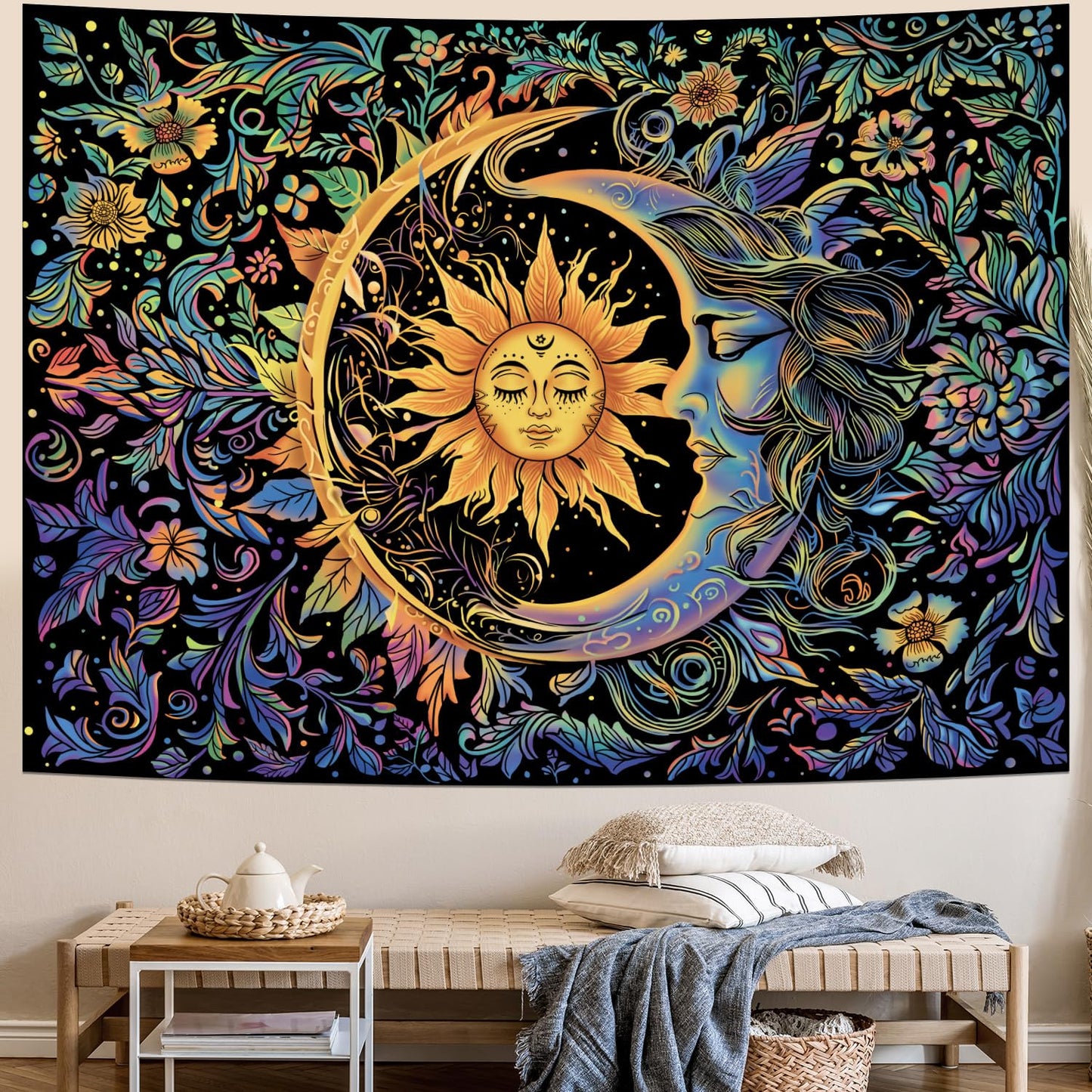 Sun and Moon Tapestry Psychedelic Mystic Floral Tapestry Hippie Boho Flower Plants Wall Tapestries Vintage Aesthetic Tapestries Wall Hanging for Bedroom