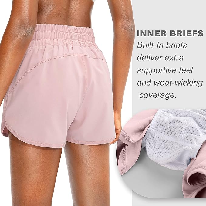 SANTINY Women's Running Shorts with Zip Pockets High Waisted Athletic Workout Gym Shorts for Women with Liner