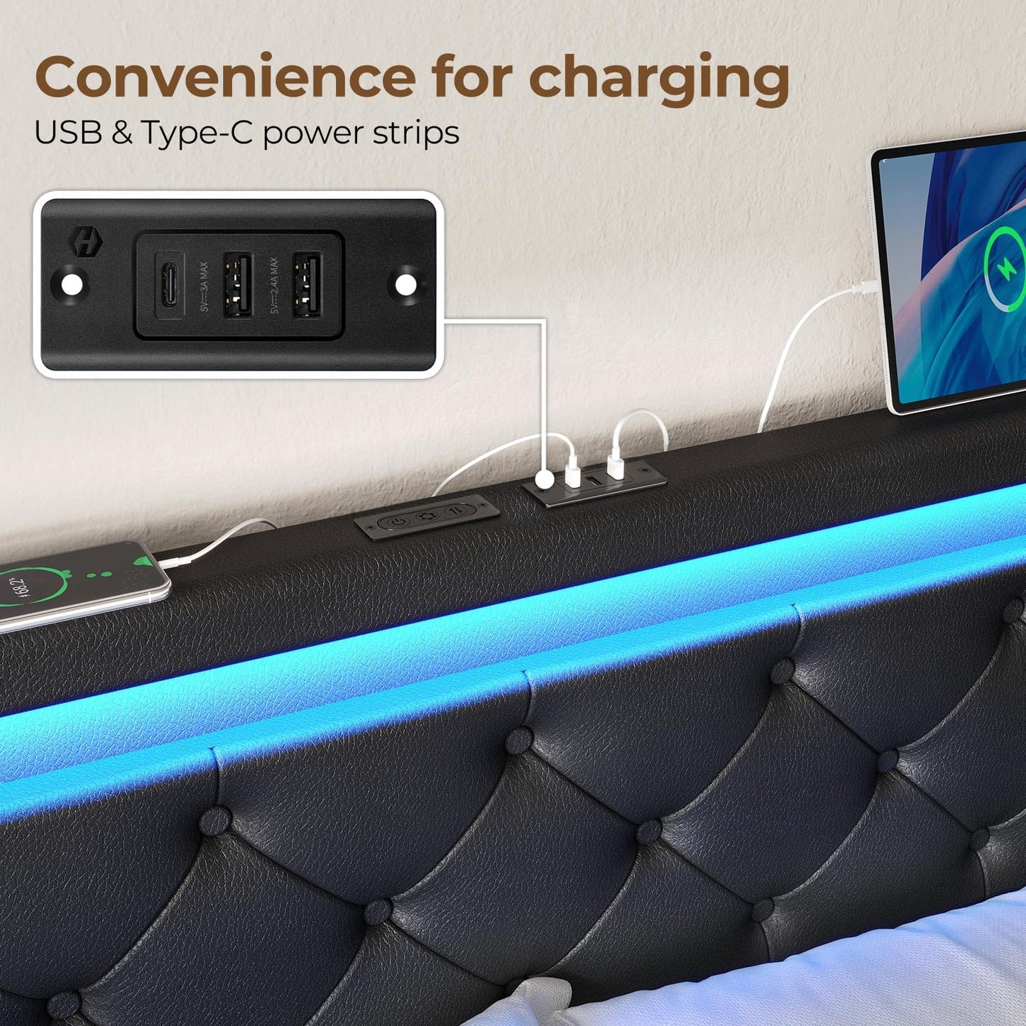 Rolanstar Queen Bed Frame with LED Lights and Charging Station, PU Leather Bed with Drawers, Wooden Slats, Noise Free, Easy Assembly, Black