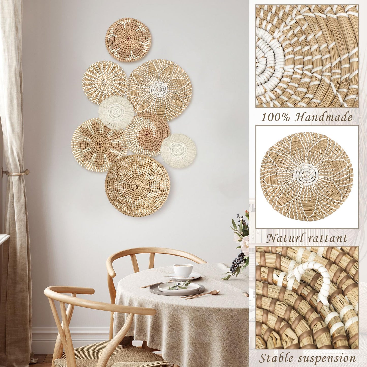 Xuhal 8 Pcs Boho Wall Basket Decor Decorative Bulrush Woven Basket Wall Decor Rustic Farmhouse Hanging Baskets for Kitchen Rustic Home Summer Decorations(Classic)