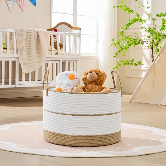 KAKAMAY Cotton Rope Storage Basket (20"x13"),Woven Blanket Baskets for Toys,Pillows,Clothes,Sturdy Handles Decorative Basket for Living Room, Bedroom,Nursery(Brown/Black)