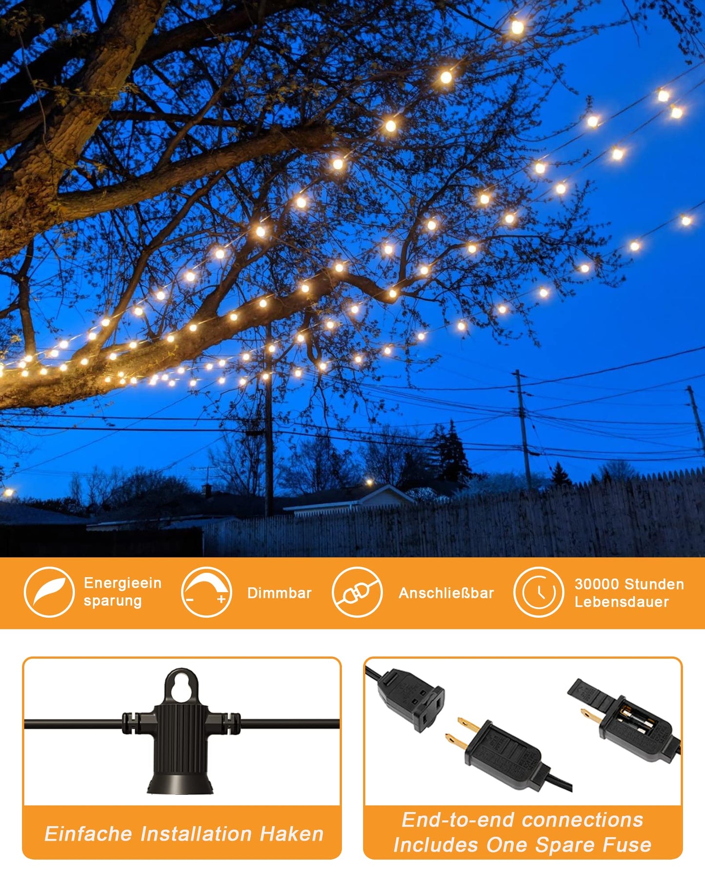 Zuske Outdoor String Lights Waterproof, 240FT Patio Lights with 124 Shatterproof G40 Globe Bulb(4 Spare), Connectable Dimmable Hanging LED String Lights for Outside Backyard Porch Balcony(120FTx2)