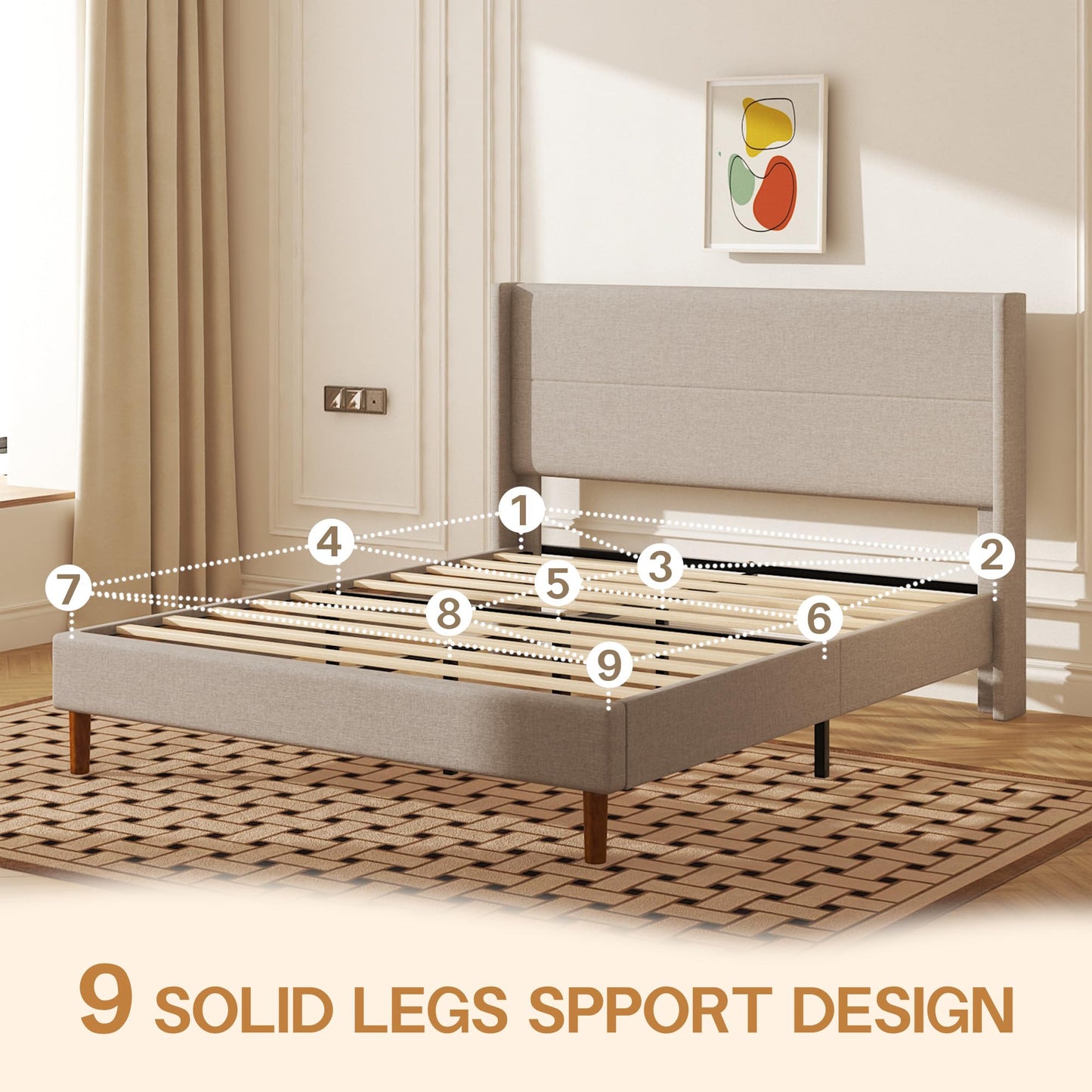 Mxhtcewz Queen Size Bed Frame, Linen Upholstered Platform with Wingback Headboard, Wooden Slats Support, No Box Spring Needed, Easy Assembly, Beige