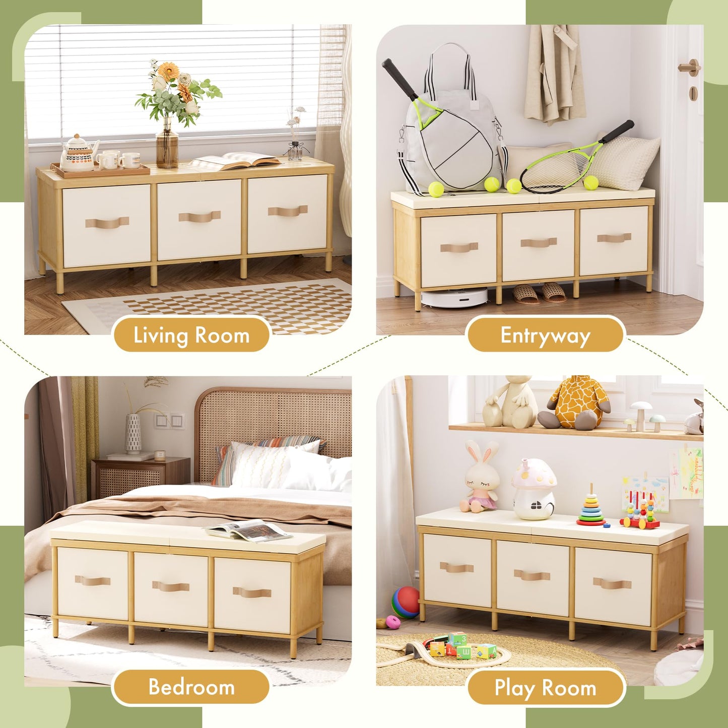 Atoping Storage Bench, 43.3" Bamboo Storage Chest with 3 Drawers, Entryway Bench with Cushioned Seat, End of Bed Bench with Storage Toy Box, Toy Chest Storage Bench for Entryway, Living Room, Bedroom