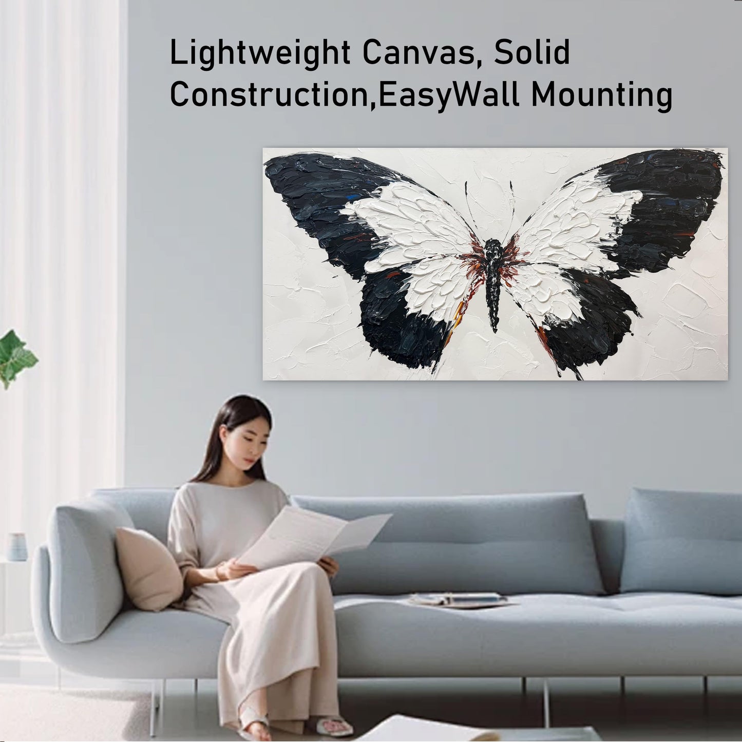 Tarfupth Black and White Butterfly Wall Art for Living Room Hand Painted Butterfly Oil Painting Texture Pictures Large Artwork for Bedroom Office Kitchen Room Aesthetic Decoration 20"x40"
