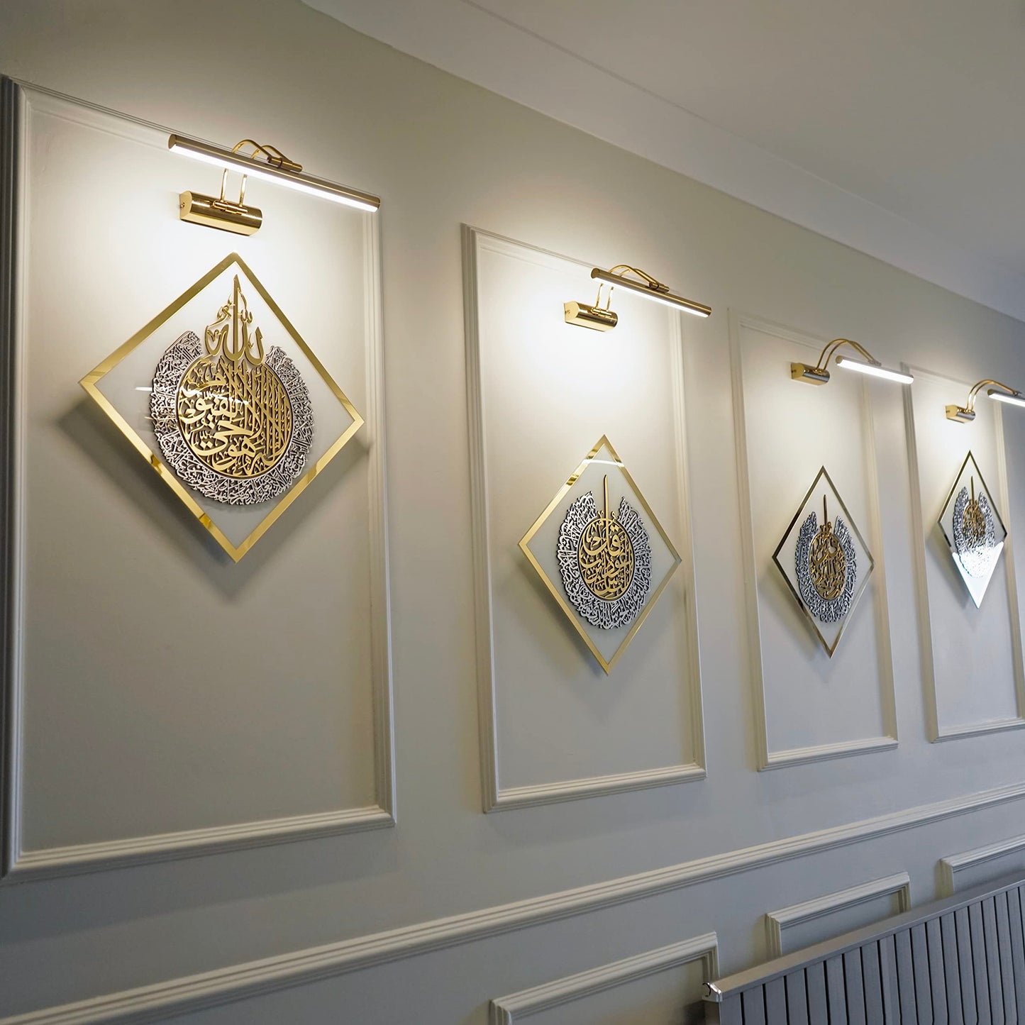 iwa concept Ayatul Kursi, Surah Al Ikhlas, Al Falaq and Al Nas Tempered Glass Set Islamic Wall Art, Quran Verse Arabic Calligraphy Decor, Islamic Gift for Muslims at Ramadan (White Glass)