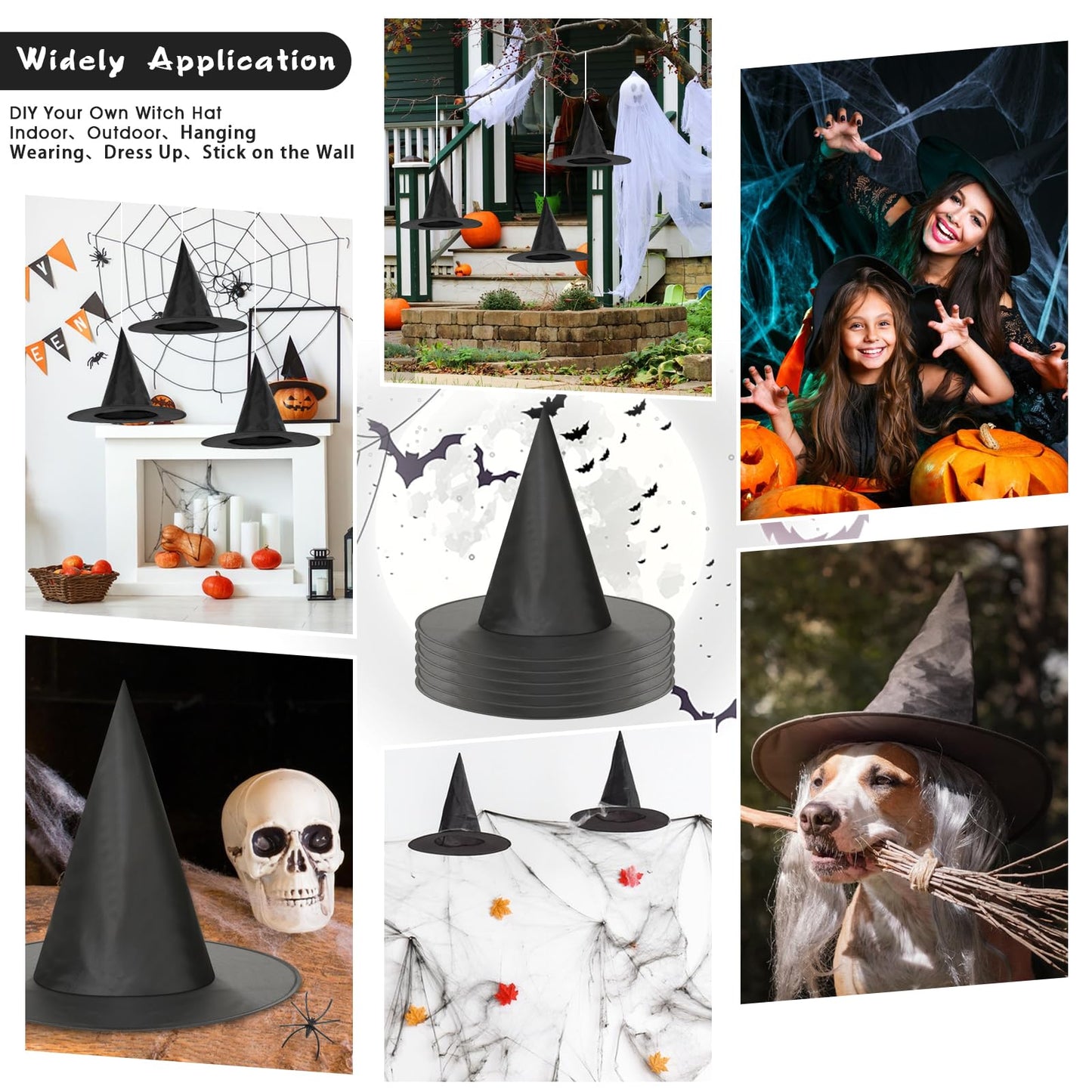 Sublaga 75 Pcs Halloween Decorations Kit, Halloween Witches Hats Black | Hanging Witch Hats Decorations with Spider Web and 18 Pieces Bats Decorations, 30 Pcs Spiders, 12 Brooms Halloween Decor