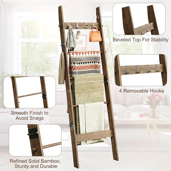 5-Tier Bamboo Ladder Shelf, Farmhouse Style Blanket Ladder, Rustic Decorative Ladder with 4 Removable Hooks, Brown