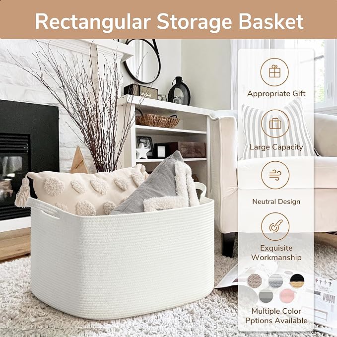 Goodpick Large Blanket Basket Living Room, Storage Baskets for Organizing, Woven Rope Laundry Basket for Toy Storage, 21.6" x 14.9" x 11.8", White