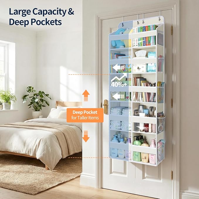 Yecaye Over The Door Organizer, 5 Tier Extra Large Behind Door Storage of 10 Compartments, 80lbs Heavy Duty Door Organizer Hanging with Clear Window for Closet Bedroom Pantry Bathroom, Beige