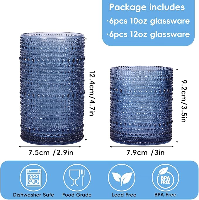 Moretoes Hobnail Drinking Glasses, 12 Piece Blue Water Glass Cups, Mixed Vintage Glassware Set, 6pcs 12oz Highballs and 6pcs 10oz Old Fashioned Glasses, Great for Cocktail, Whisky and Other Beverages