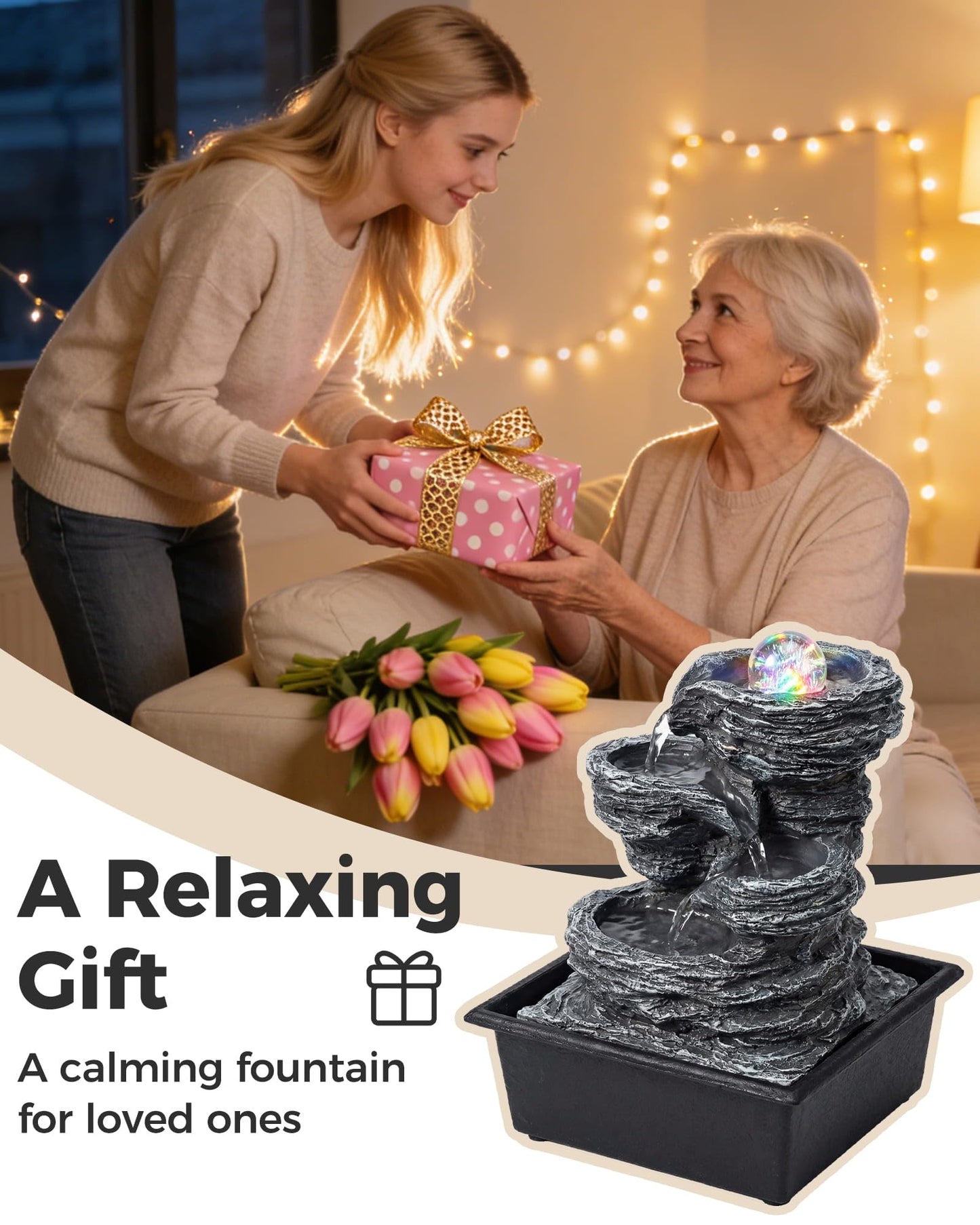 Twirleternity Tabletop Water Fountain with LED Lights & Rolling Bubble Ball, Indoor Waterfall Fountains for Home Office Zen Meditation Decor, Best Home Gifts for Friends or Family