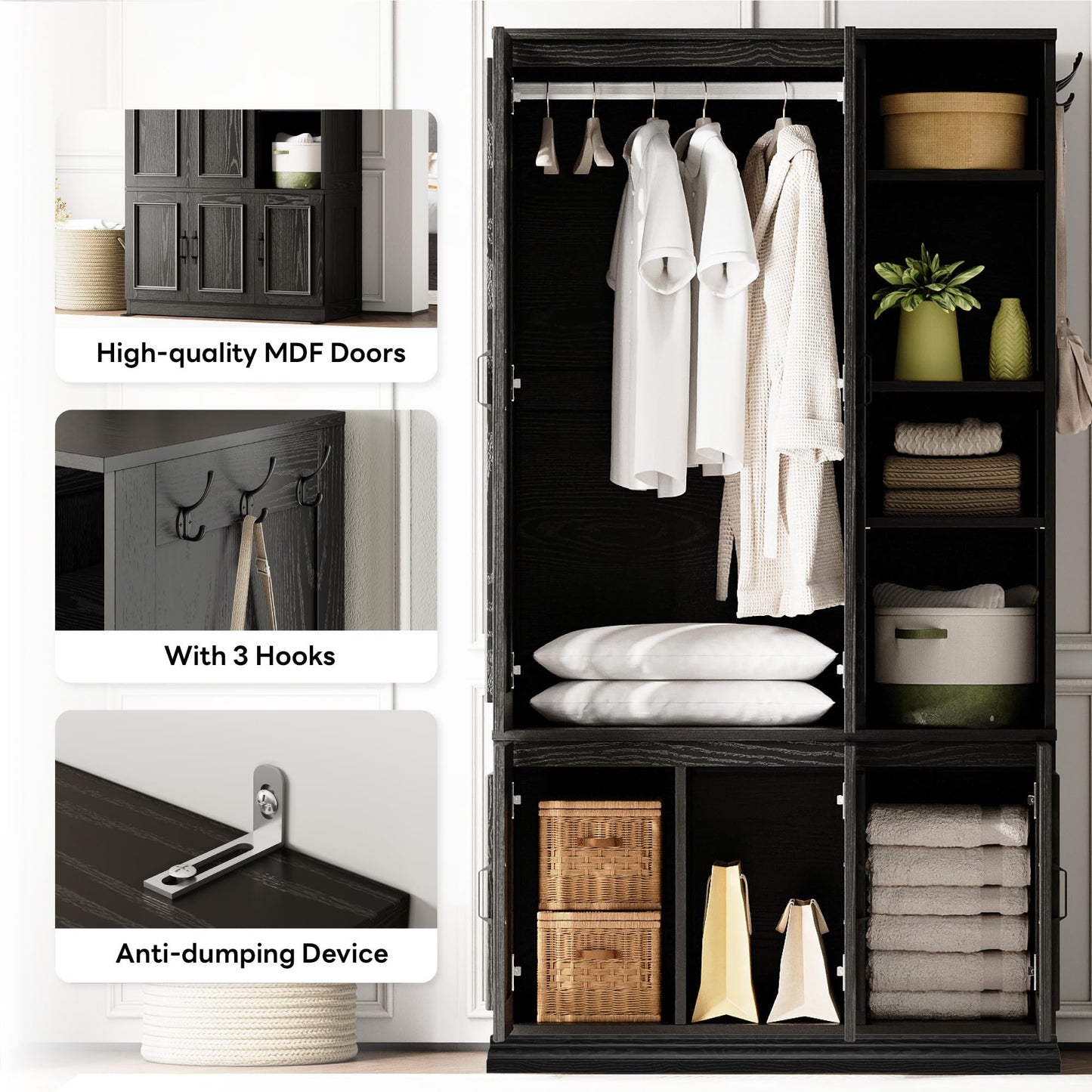 LIKIMIO Armoire Wardrobe Closet 70" H, 5 Doors Bedroom Wooden Wardrobe with 4 Storage Shelves and Hanging Rod, Clothing Storage Cabinet Organizer Combination, Black