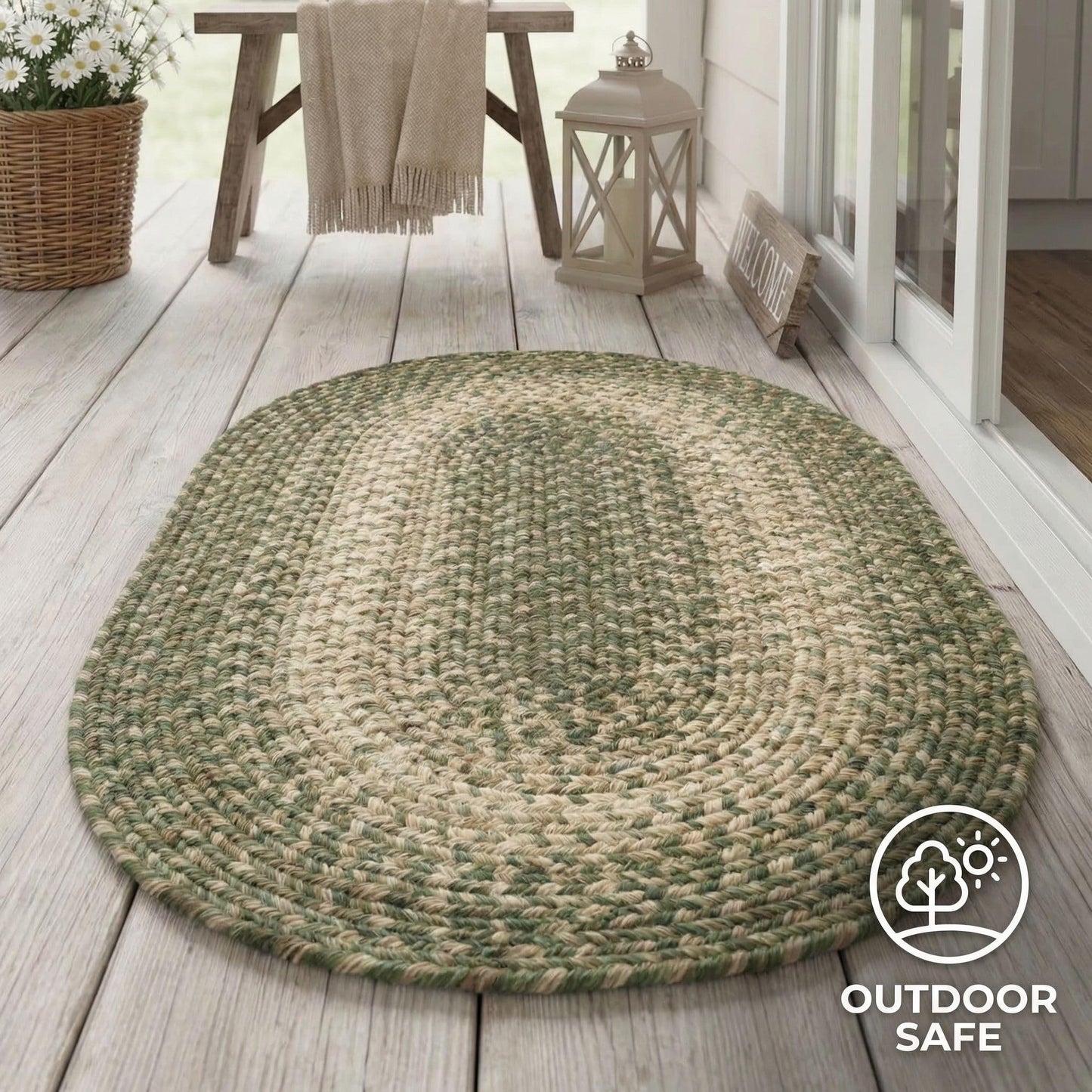 Super Area Rugs Braided Rugs 2X3 Farmhouse Kitchen Rug - Ridgewood Braided Rug for Front Door Entryway - Reversible - Indoor/Outdoor - Made in USA - Forest Green/Beige, 2' W X 3' L Oval