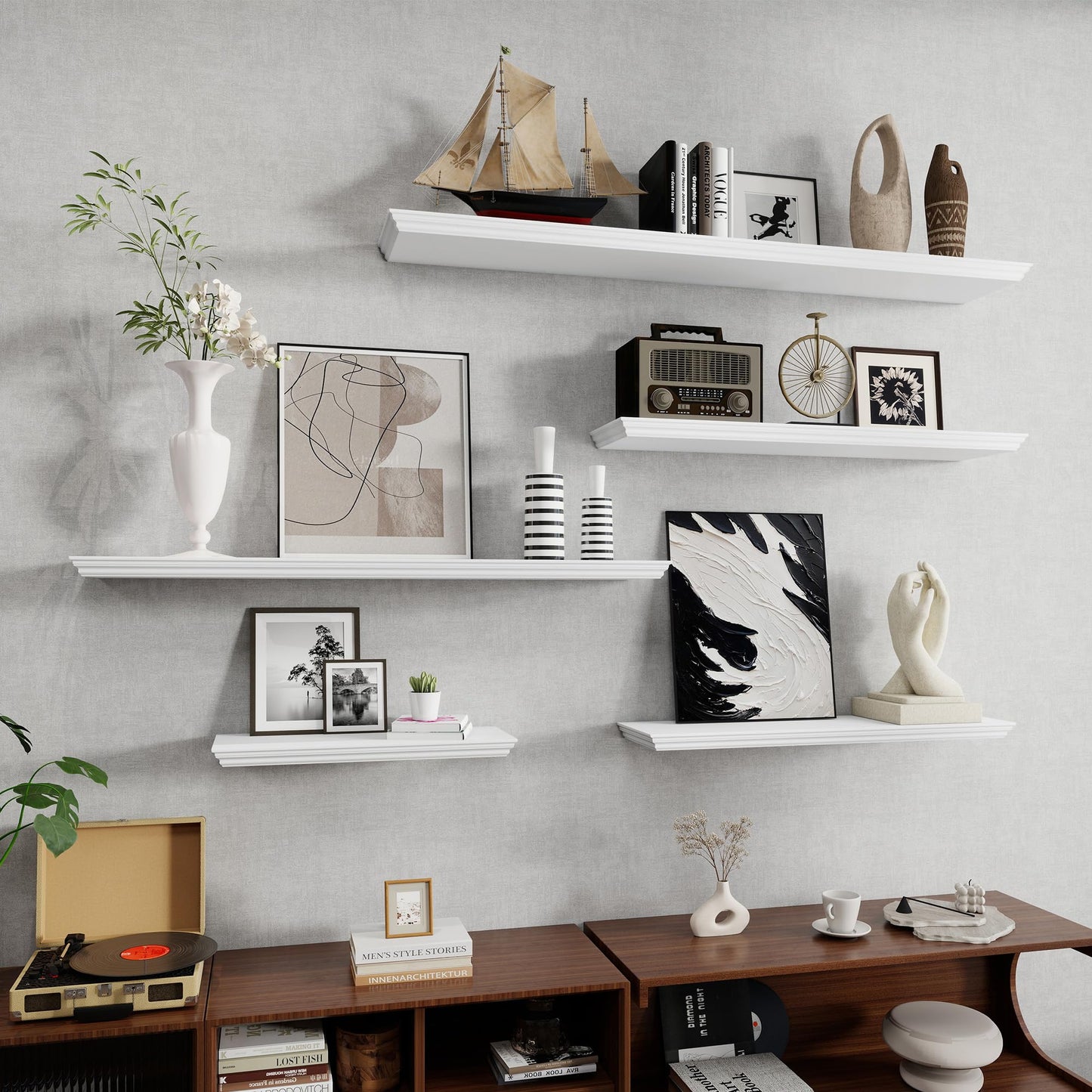 Fun Memories Floating Shelves 24 Inch Long, 9.3 Inch Deep Classic Crown Molding Floating Shelves for Wall, Rustic Wooden Shelves for Wall Decor Bathroom, Kitchen, Office, (White, 2Pack)