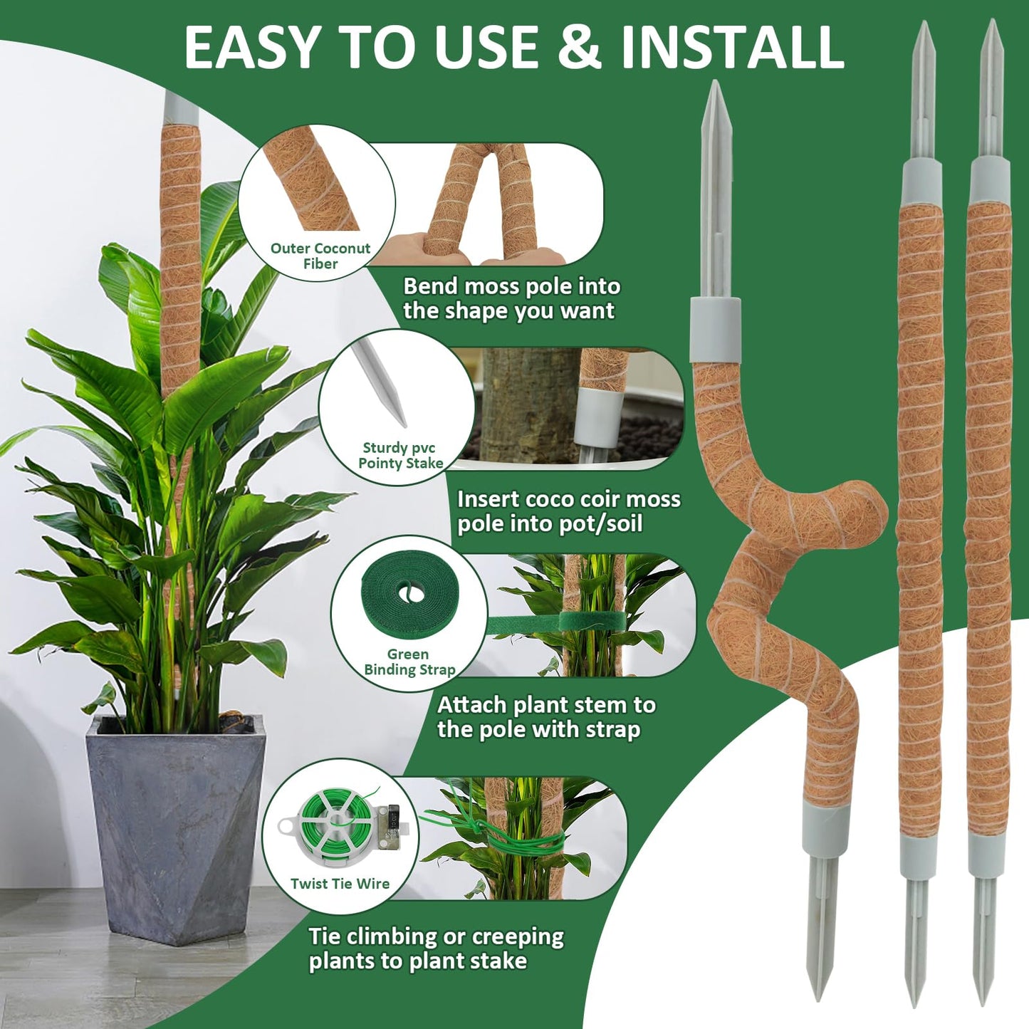 LOLEDE 4 Pack Moss Pole, 27.5 Inches Bendable Coco Coir Poles Monstera Plant Support for Climbing Indoor Plants, DIY Plant Stakes Kit Support for Pothos, Philodendron,Potted Plants