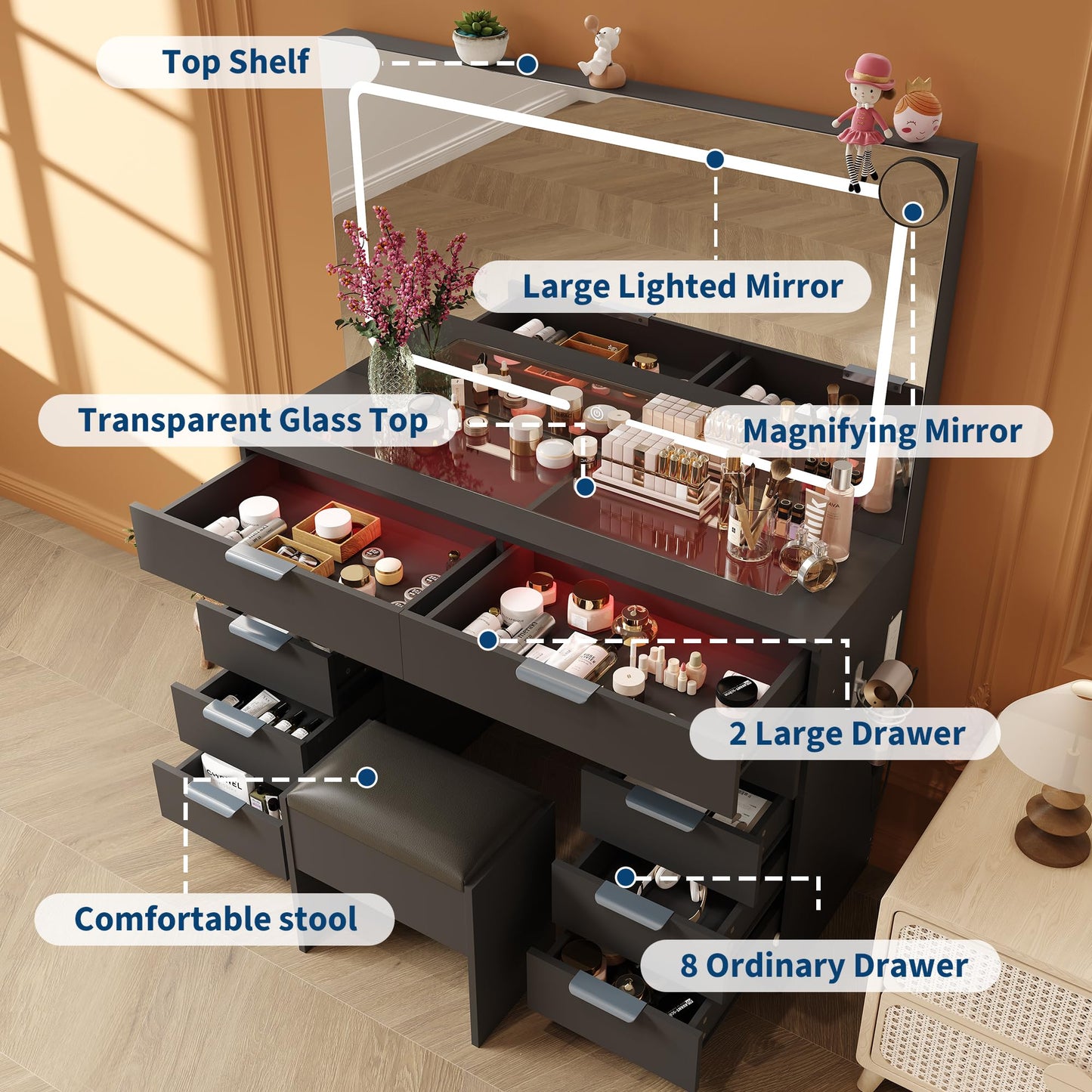 Vanity Desk with Large Mirror and Lights, Makeup Vanity Desk Set with Power Outlet, Stool, 10 Drawers Storage, Magnifying Glass, Hairdryer Holder, 3 Lighting Color Adjustable for Bedroom (Black)