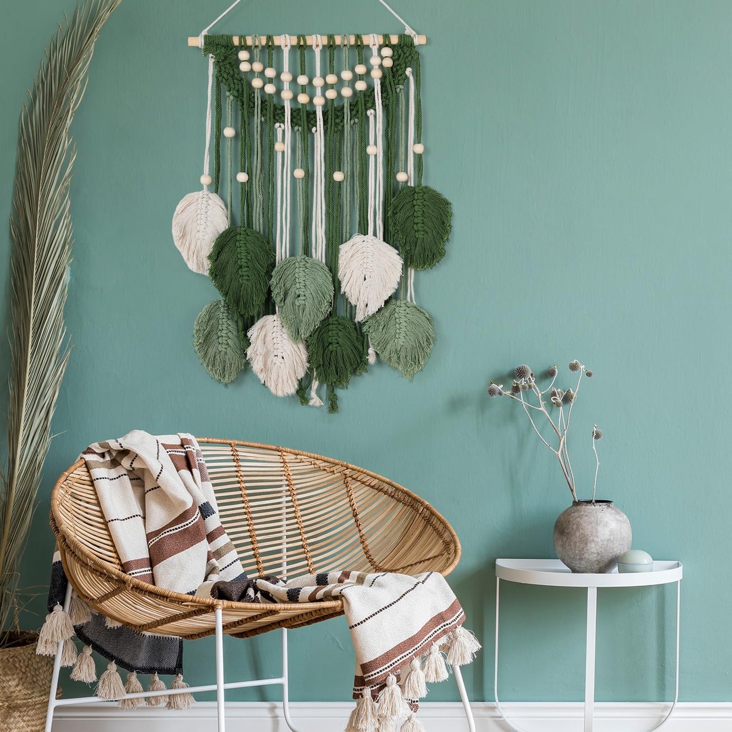 Newwiee Leaves Macrame Wall Hanging Boho Feather Macrame Wall Decor Woven Tapestry Green Stylish Feather Hanging for Nursery Bedroom Living Room 27.6 x 15.8 Inch