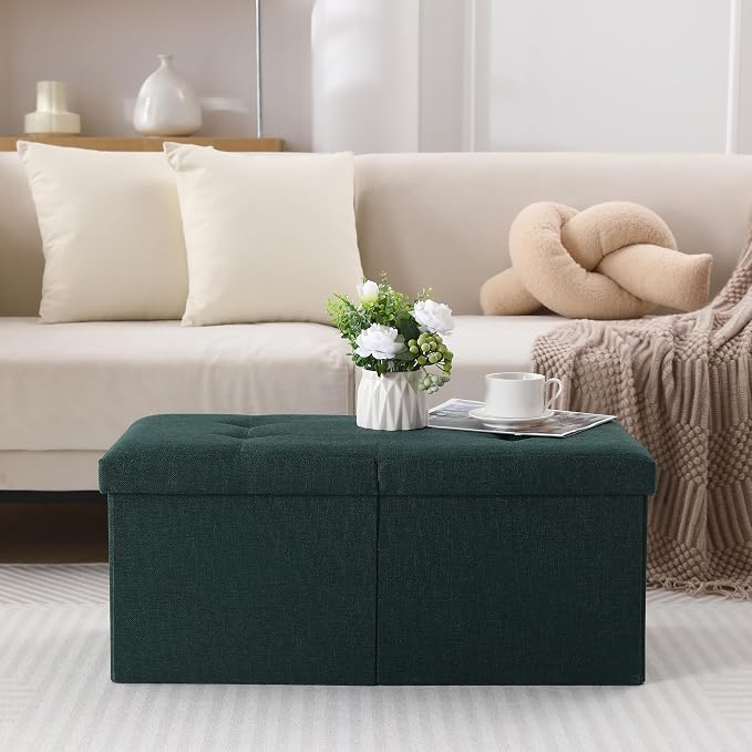 Storage Ottoman Bench Foldable Seat Footrest Shoe Bench End of Bed Storage with Flipping Lid, 75L Storage Space, 30 inches Linen Fabric Emerald, OT026DGN