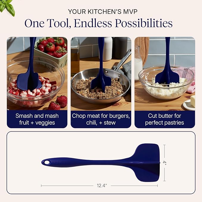 GIR: Get It Right Silicone Potato Masher & Quad Meat Chopper - 12 In Navy - Heat Resistant up to 425°F Fiberglass Core - 7-Blade Ground Meat Chopper & Food Masher - Dishwasher Safe Kitchen Gadget