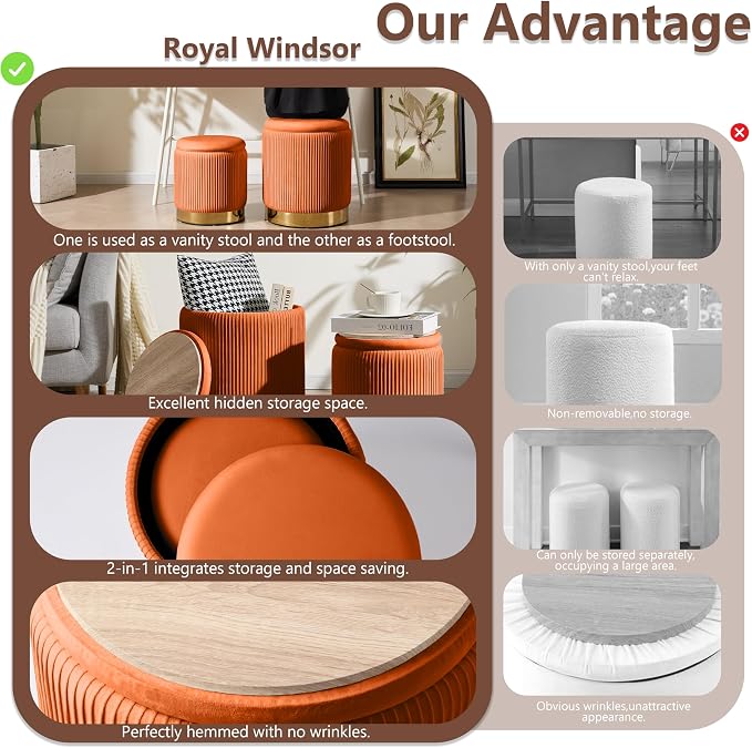 Royal Windsor Round Ottoman with Storage Set of 2, Vanity Stool with Storage for Bedroom, Ottoman Coffee Table Gold-Tone Ring Around the Base, Small Velvet Foot Stool for Living Room, Orange