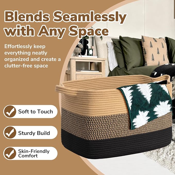 Goodpick Large Woven Blanket Basket 23.6" x 15.7" x 13.8" Cotton Rope Storage Organizer for Dirty Clothes Pillows Toys, Rectangle Wicker Laundry Basket with Handles, Black & Jute Mix