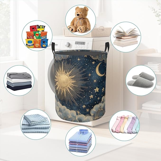 Boho Sun Moon Round Laundry Basket Collapsible Laundry Hamper with Handles Toys Clothes Organizer Bin For Home Bathroom Bedroom Dorm Nursery