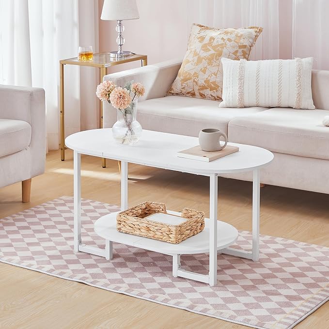 HOOBRO Coffee Table for Living Room, Oval Small Coffee Table with 2-Tier Open Storage Shelf, Industrial Cocktail Tea Table, Wooden Desktop Center Table, Farmhouse, Home Office, White WW09KF01