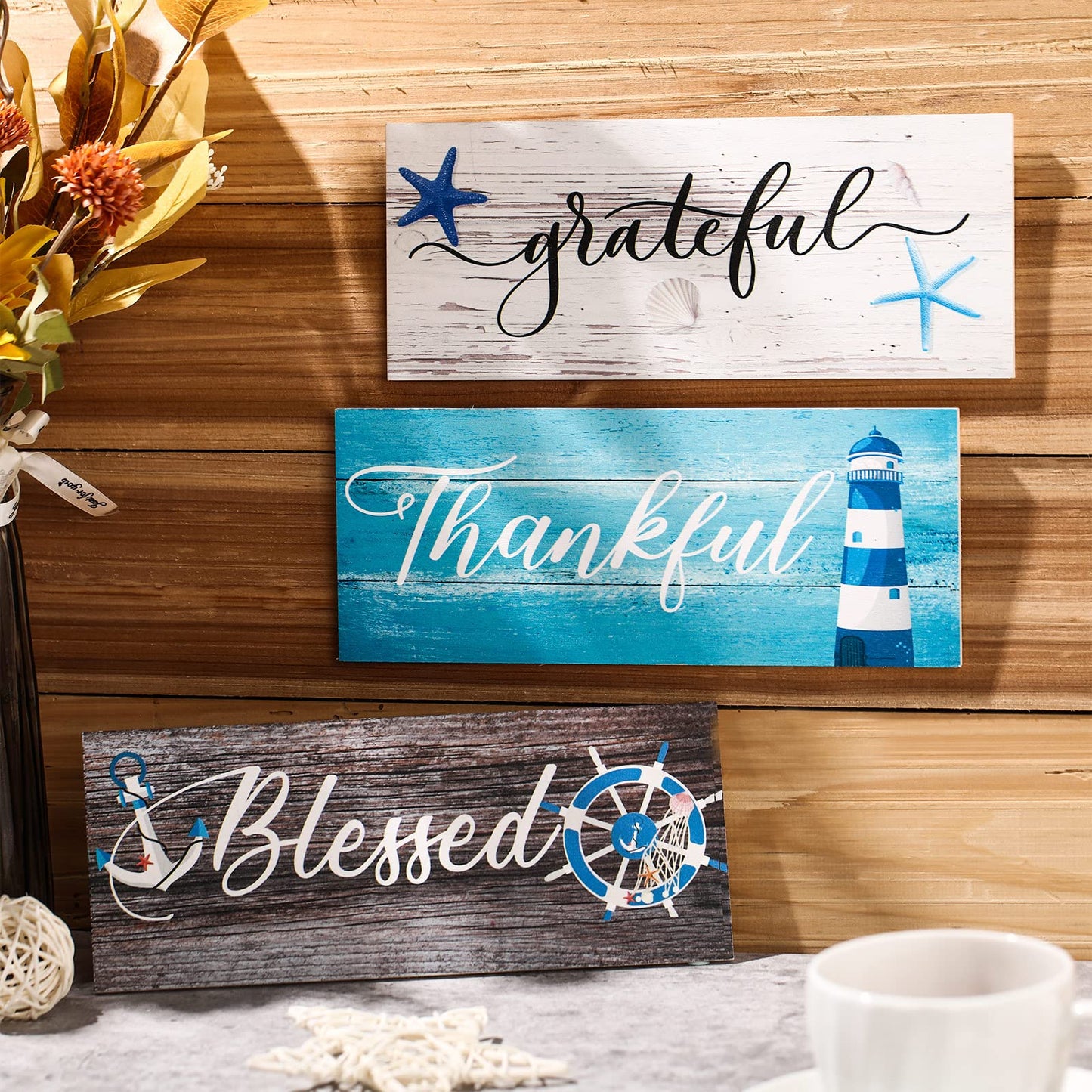 Yookeer 3 Pieces Thankful Grateful Blessed Wooden Signs Coastal Rustic Wood Signs Wall Decor Beach Wood Front Hanging for Farmhouse Outdoor Decor(Coastal Style)
