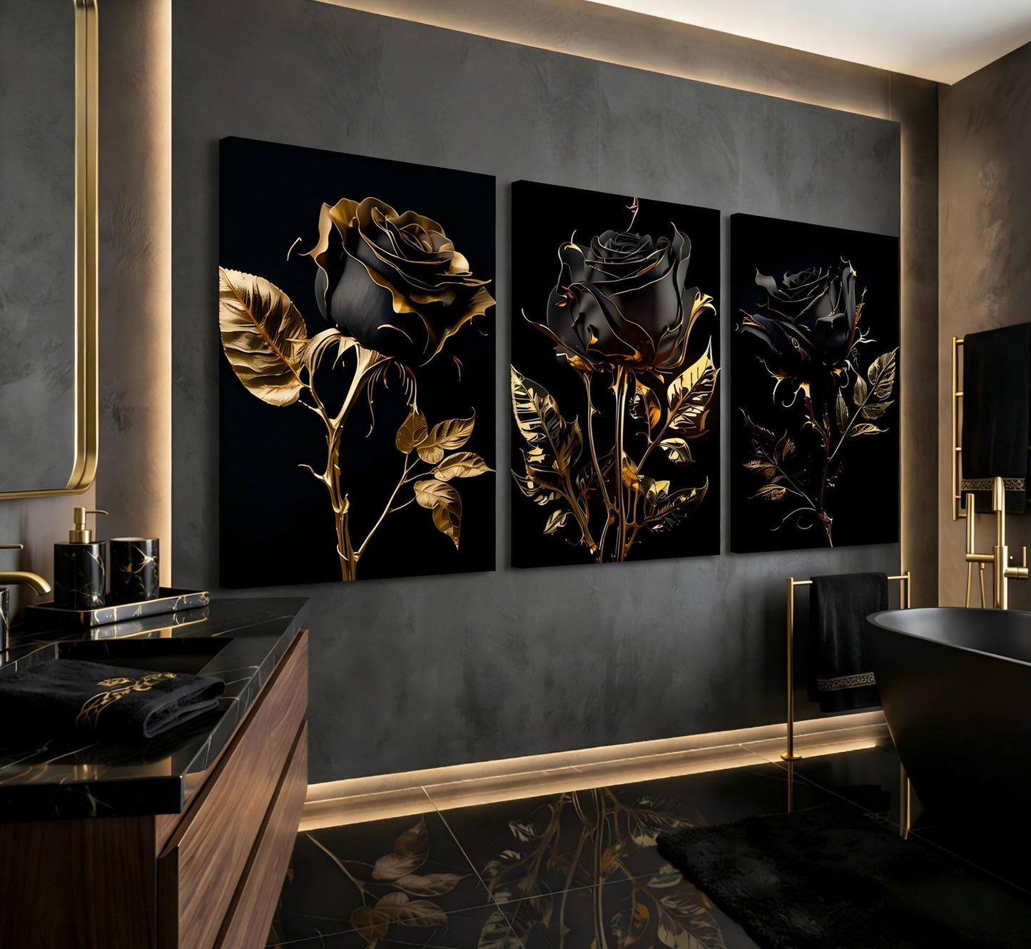 3Pcs Black And Gold Rose Canvas Wall Art Modern Luxury Flowers Pictures Wall Decor Abstract Elegant Rose Dark Posters Prints for Living Room Bedroom Office Bathroom Ready To Hang