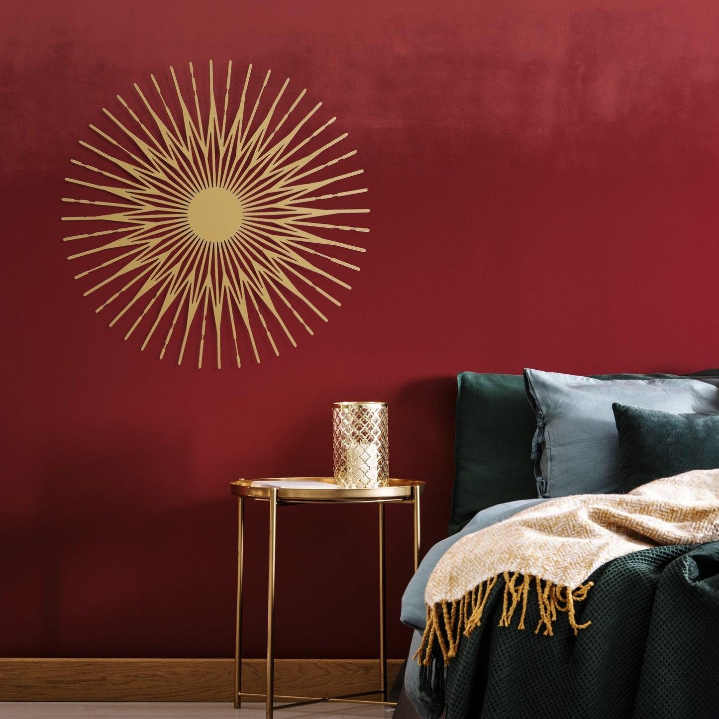 NEODECO Single Sun Metal Wall Art, Geometric Sun Decor, Metallic colors, Large 3D wall sculpture, model A (Gold, Small)