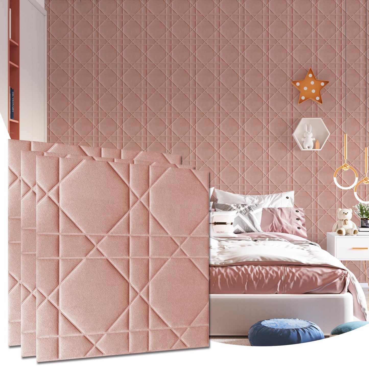 Aurawall Velvet 3d wall panels for Interior wall Decor peel and stick, Soundproof Geometric Textured 3d Wall Panels for Living Room, Bedroom, TV Background Pink 17.7" x 17.7", Covers 26.15 Sq.Ft 12pcs