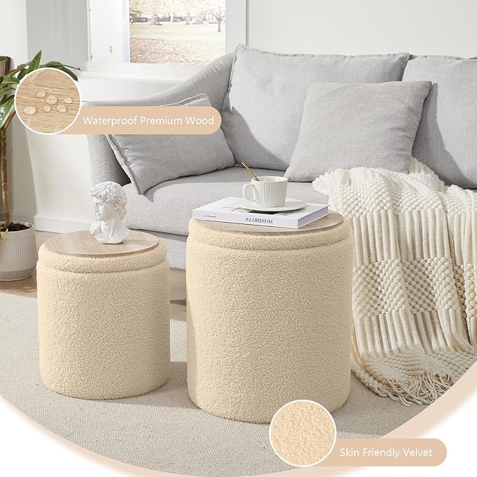 Royal Windsor Boucle Round Ottoman with Storage Set of 2,Small Foot Stool Ottoman for Living Room, Small Coffee Table,Vanity Stool with Storage for Bedroom, Beige