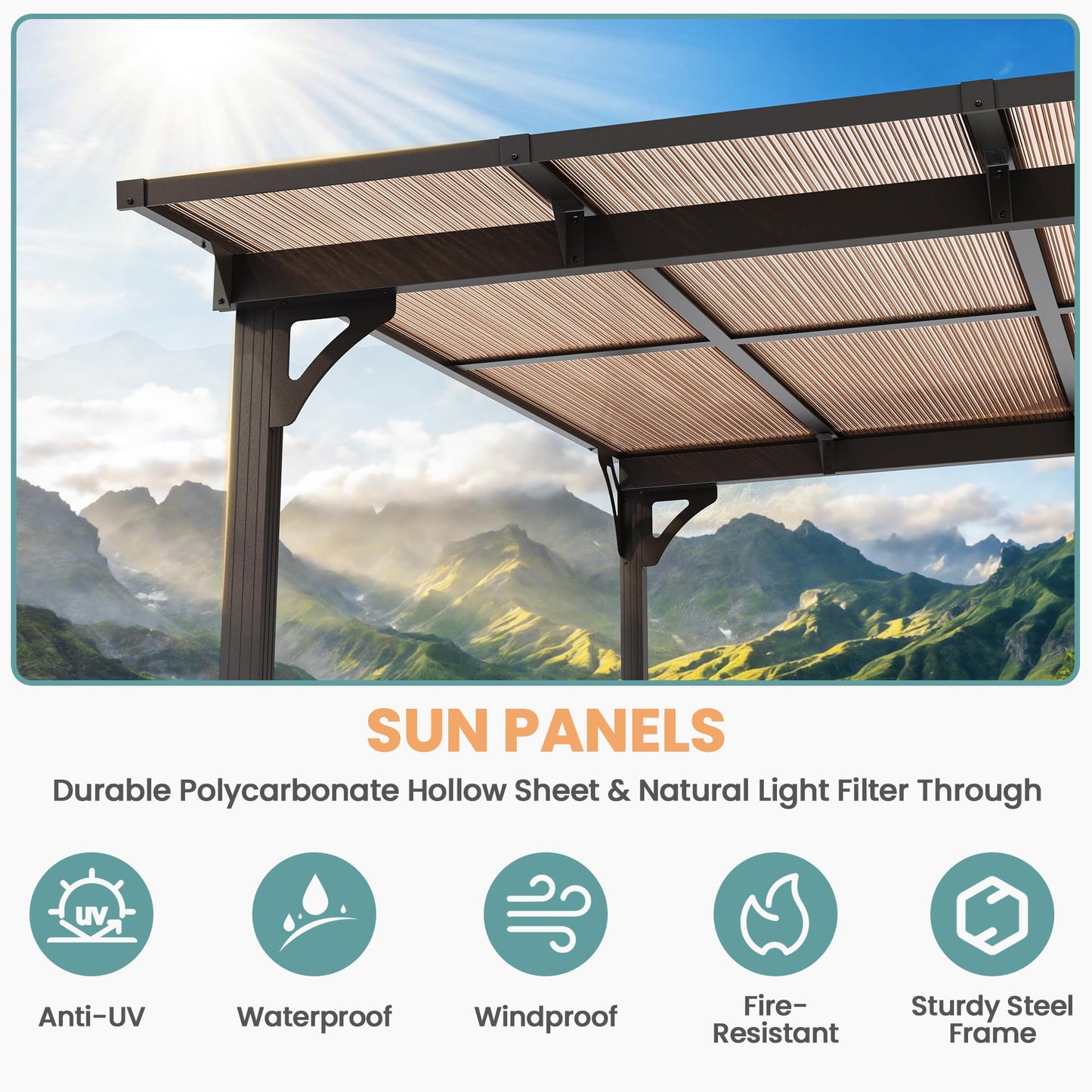 Pamapic 10x28FT Wall Mounted Gazebo, Hardtop Lean to Gazebo with Aluminum Frame & UV Resistant Polycarbonate Roof, Outdoor Patio Awning for Deck, Porch, Lawn & Backyard