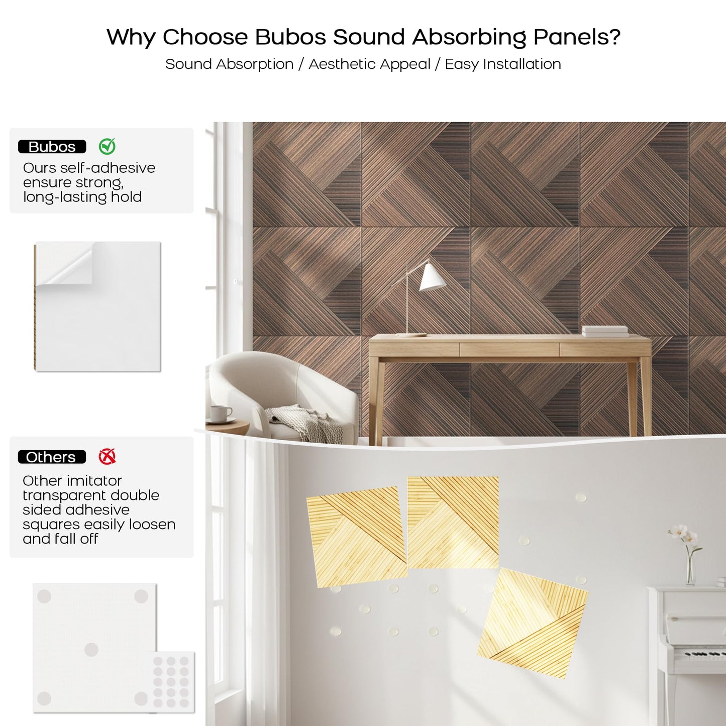 BUBOS 6 Pack Acoustic Wood Wall Panels, 23.6x23.6 Inch Sound Absorbing Tiles with Full Adhesive Backing, Decorative Peel and Stick Panels for Home Office, Living Room and Studio(Red Brown Walnut)