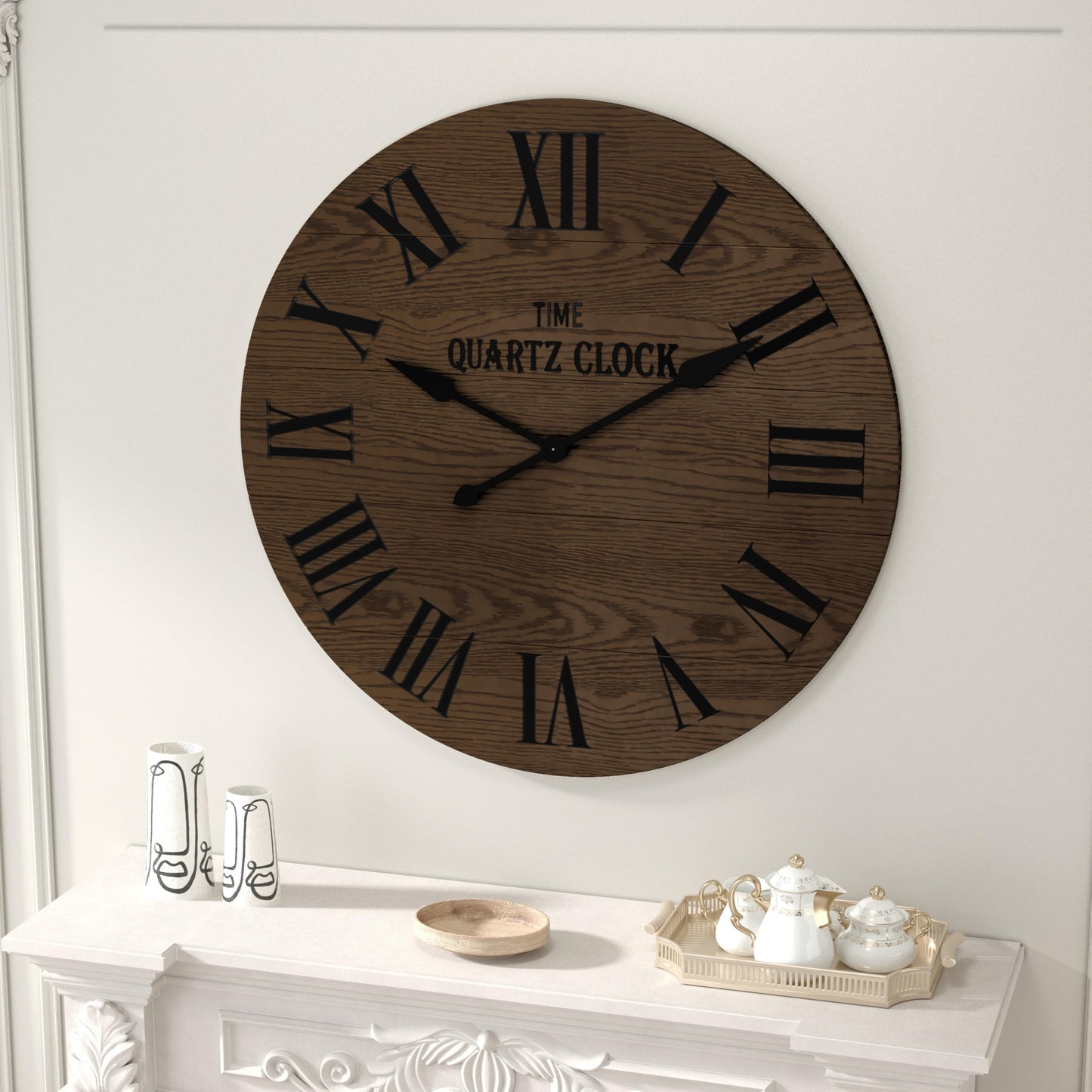 ARTPOWER Large Farmhouse Wall Clock, 35.5” Shiplap Wall Clock with Roman Numeral, Nearly Non-Ticking, Round Wall Clocks for Living Room Decor, Office, Bedroom, Entrance, Brown