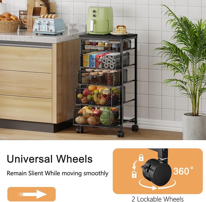 Kitchen Storage Cart with Drawer, 5-Tier Fruit Vegetable Storage Cart, Kitchen Organizer and Storage Cart with Wheels, Wooden Top Metal Wire Pantry Storage Cart rack for Fruit Snack Onion Potato