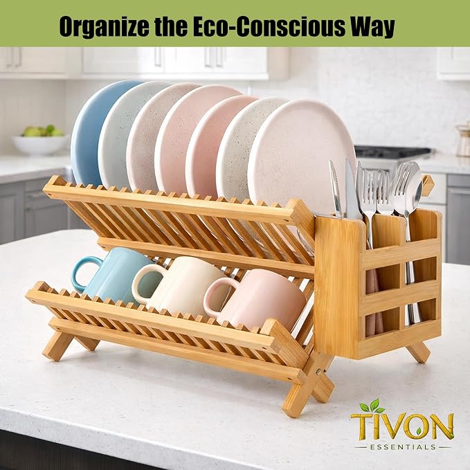 Bamboo Dish Drying Rack with Utensil Holder & Absorbent Dish Drying Mat|3Tier Collapsible Wooden Dish Rack for Kitchen Countertop|Large Foldable Dish Drainer|Kitchen Organizer for Plates Cups utensils