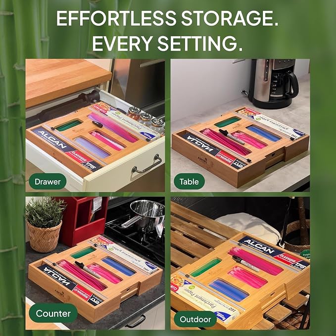 3" Slim 6-in-1 Expandable Storage Bag Organizer Kitchen Drawer - Bamboo Baggie Organizer for Drawer, Aluminum Foil & Saran Wrap Cutter, Plastic, Gallon, Quart & Sandwich Bags (11.5"-17.63" Wide)