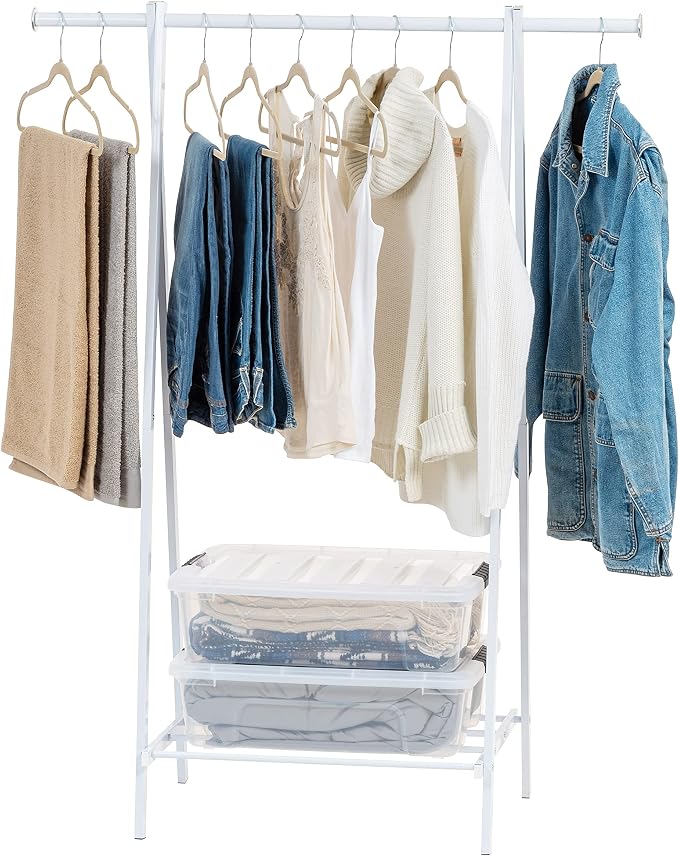IRIS USA Clothes Rack for Hanging Clothes with Shelf, Freestanding Clothing Rack, Easy to Assemble Garment Rack, Metal, Sturdy Design, Multipurpose, Small Space Storage Solution, White
