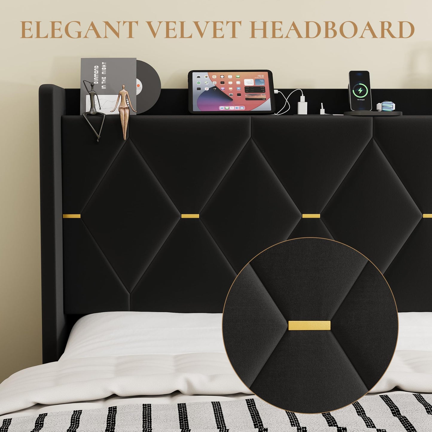 SHA CERLIN Queen Velvet Upholstered Bed Frame with Charging Station, Modern Wingback Storage Headboard, Diamond Stitched & Gold Trim, No Box Spring Needed, Easy Assembly, Black