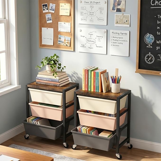 Rolling Cart with 3 Drawers, Plastic Drawer Storage Carts with Lockable Wheels & Wooden Tabletop, Metal Art Craft Utility Cart Organizer for Home Office Bedroom Dorm Bedside Classroom, Dark Brown