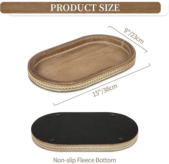 Hanobe Decorative Trays for Coffee Table : Vintage Oval Centerpiece Tray Wood for Farmhouse Dining Table Decor Round Bathroom Tray for Living Room Kitchen Counter