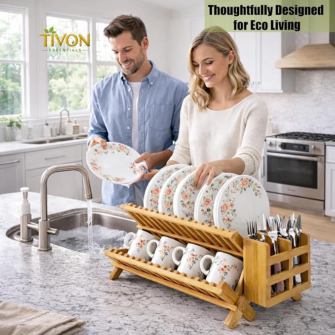Bamboo Dish Drying Rack with Utensil Holder & Absorbent Dish Drying Mat|3Tier Collapsible Wooden Dish Rack for Kitchen Countertop|Large Foldable Dish Drainer|Kitchen Organizer for Plates Cups utensils