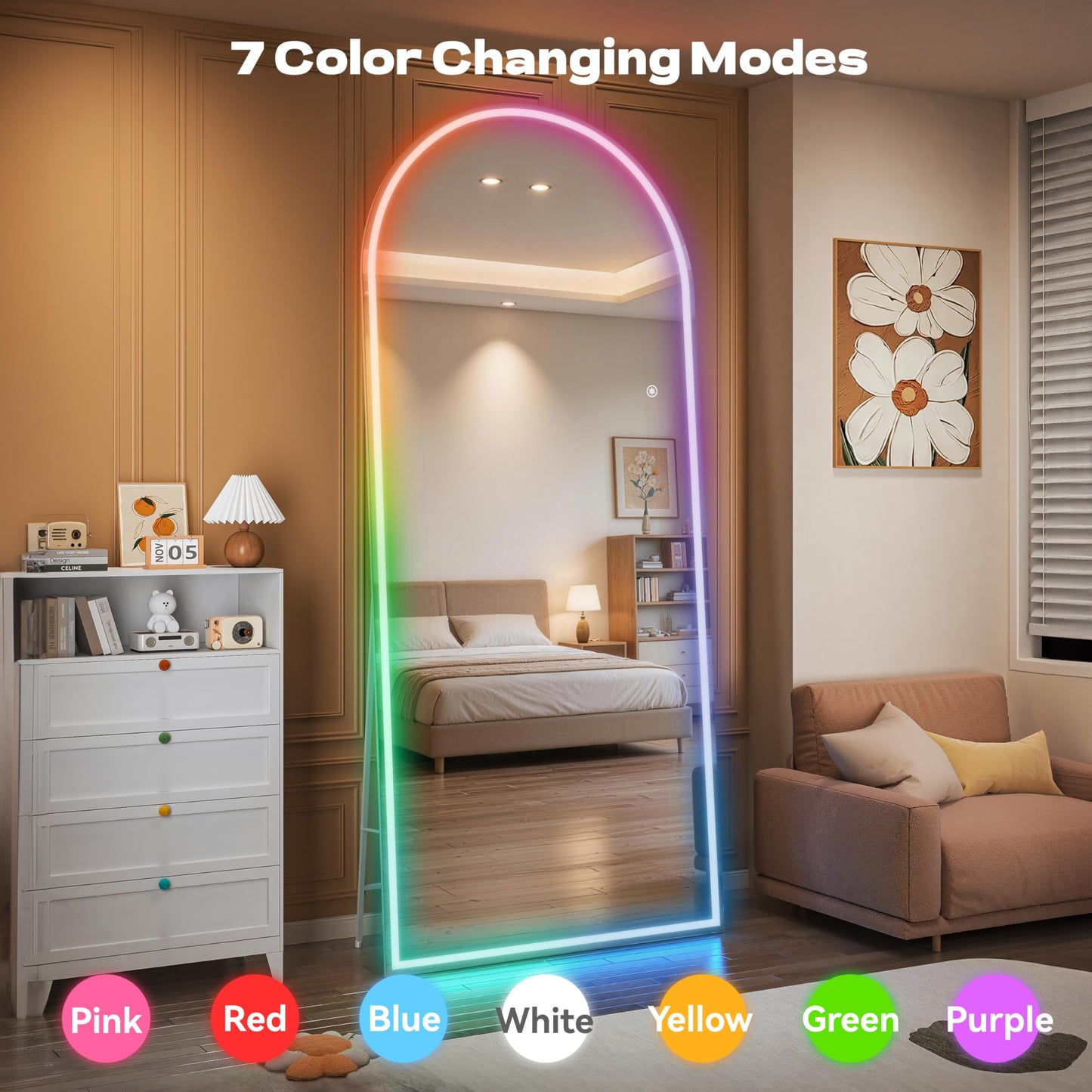 Hasipu Arch Full Length Mirror 83 x 36 in with Stand — Arch LED RGB Full Body Mirror, 7 Lighting Modes, Dimmable, Built‑in Bluetooth Speaker, White Frame for Bedroom Dressing Room