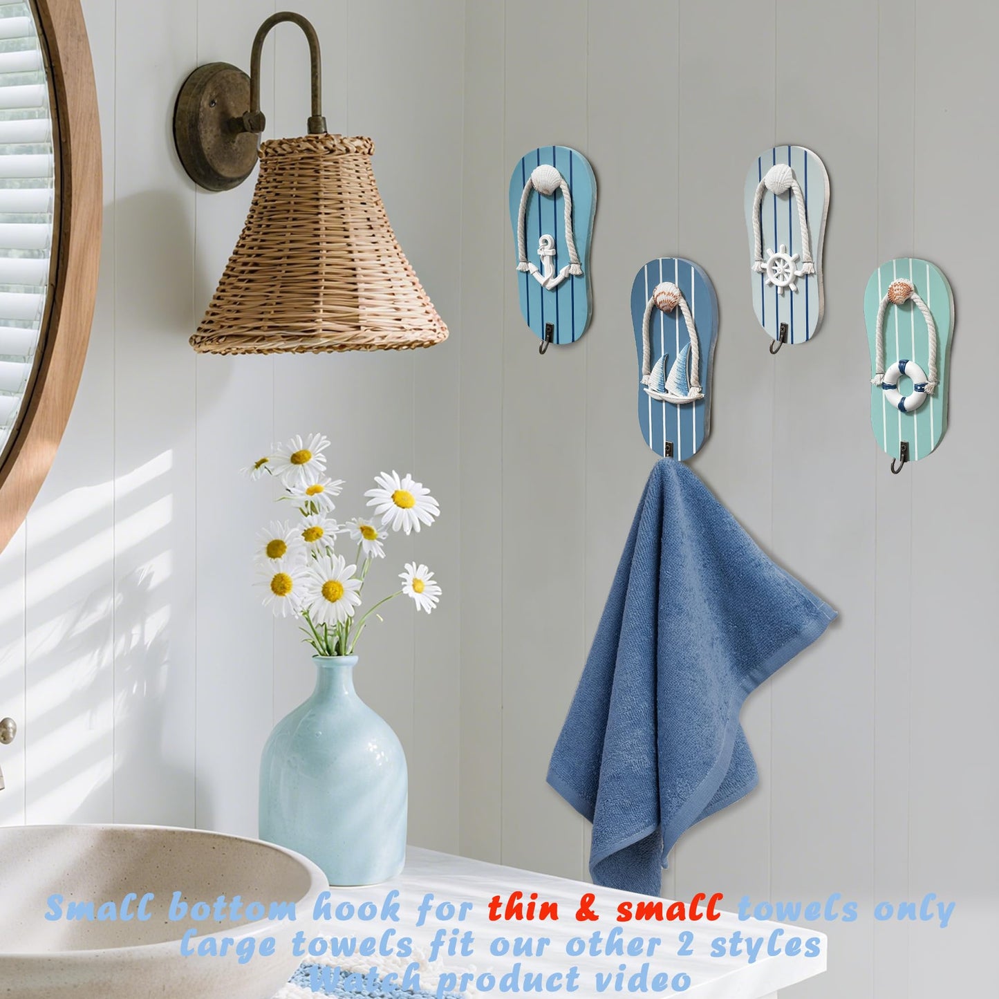 KYIEN Cute Flip Flop Small Towel Wall Hooks- Wooden Beach-Themed Rack with Metal Hooks (9.3") - Coastal Decor for Bathroom & Poolside, Beach Houses for Hanging Key Purse (Blue and White)