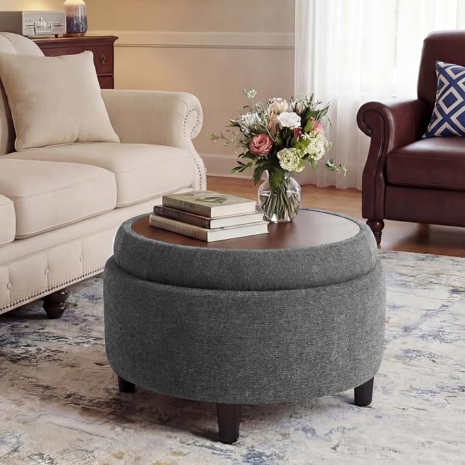 COLAMY Fabric Round Storage Ottoman with Reversible Tray Lid – Multi-Functional Footrest, Hidden Storage, Sturdy & Stylish Small Coffee Table for Living Room, Bedroom, or Entryway(Dark Grey)