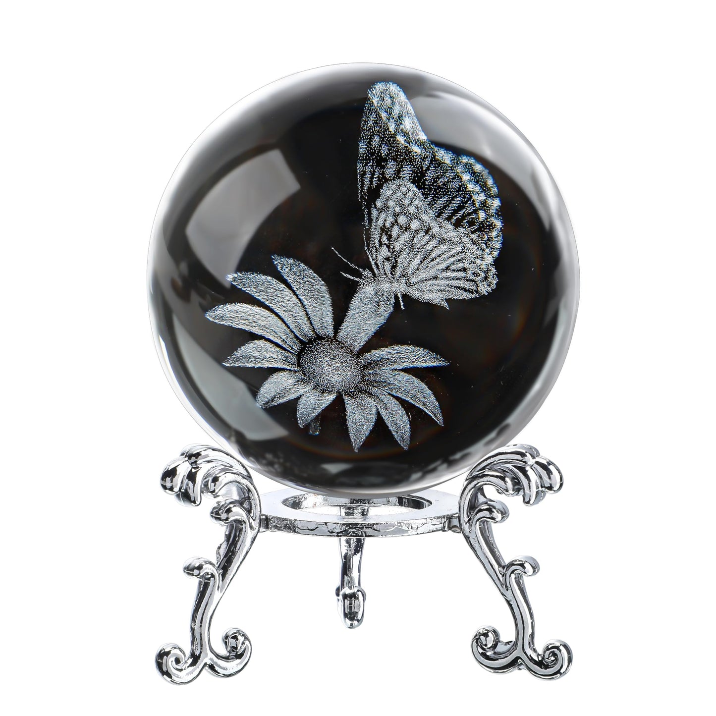 HDCRYSTALGIFTS 60mm Butterfly Crystal Ball Paperweight,3D Laser Engraved Butterfly on Sunflower in Glass Ball with Stand Decorative Glass Sphere Home Decor Gifts for Women Girls