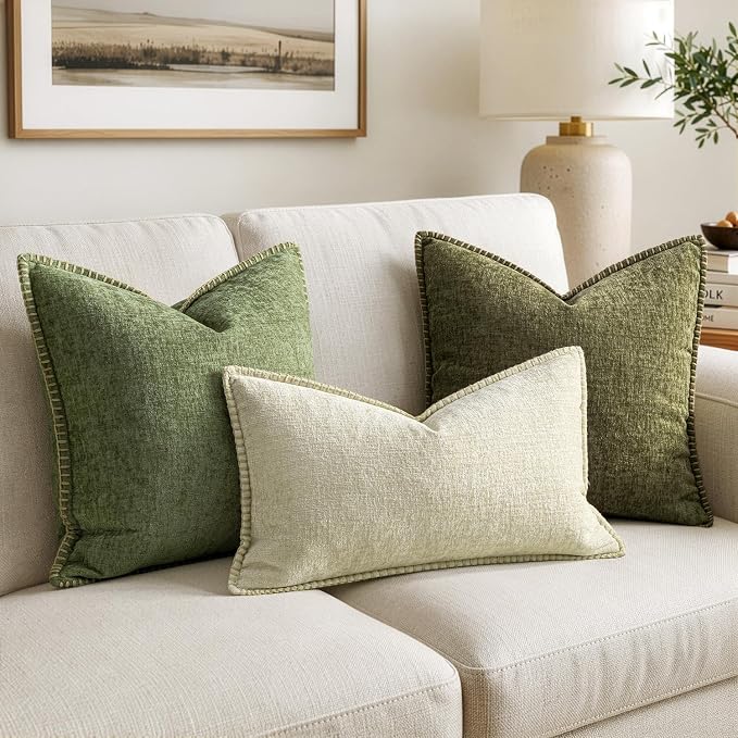 MIULEE Pack of 2 Lumbar Throw Pillow Covers 12x20 Inch Cream White Farmhouse Decorative Pillow Covers with Stitched Edge Soft Chenille Solid Dyed Pillow Covers for Couch Sofa Bed Living Room